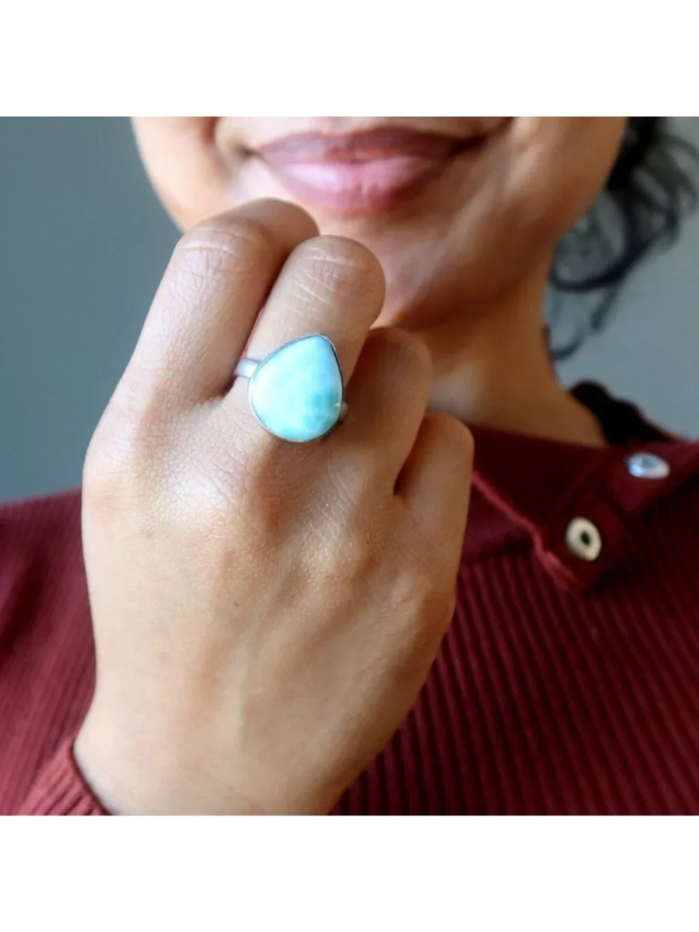 Larimar Ring My Dreams Blue Statement Gem Sterling Silver Size 8.75 Boho Jewelry